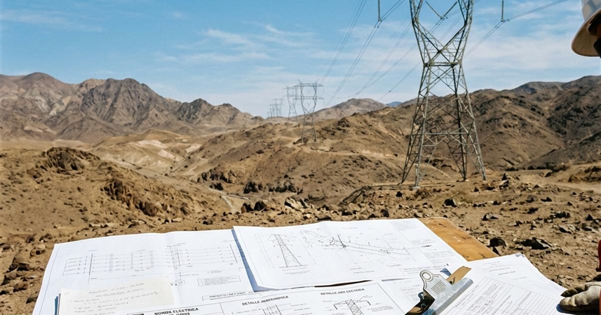 Línea de transmisión de alta tensión en Chile con documentación técnica normativa en primer plano