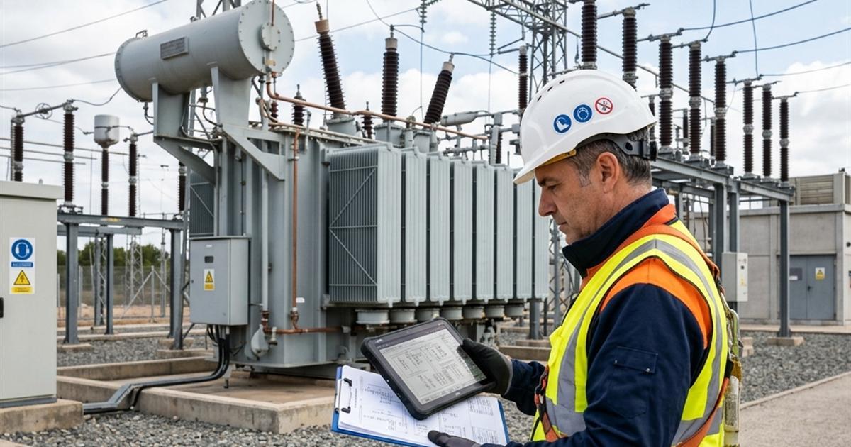 Subestación eléctrica moderna en Chile con ingeniero revisando normativa técnica vigente