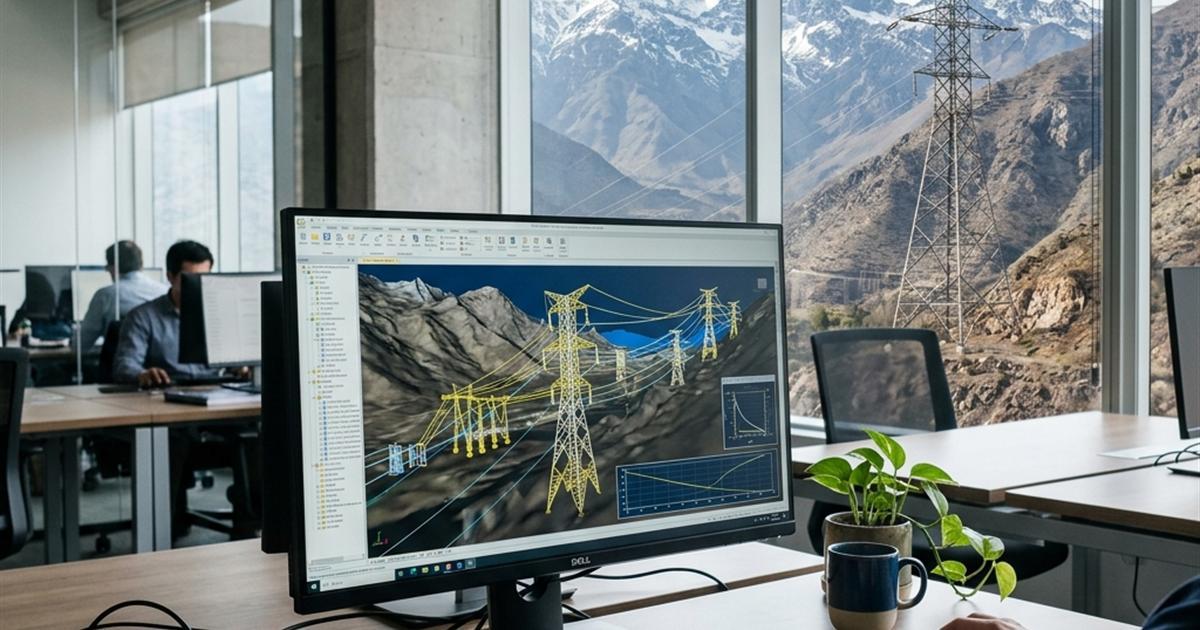 Software PLS-CADD mostrando modelo 3D de línea de transmisión en pantalla de computador con torres reales al fondo