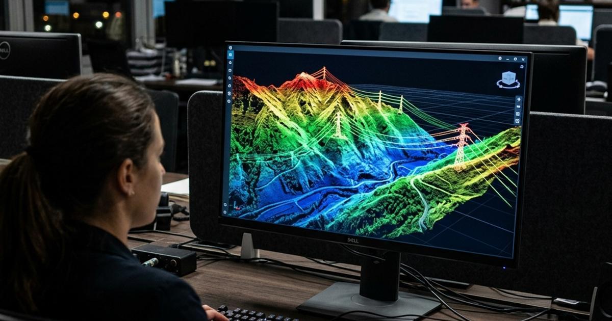 Nube de puntos LIDAR de línea de transmisión visualizada en pantalla para importación en PLS-CADD