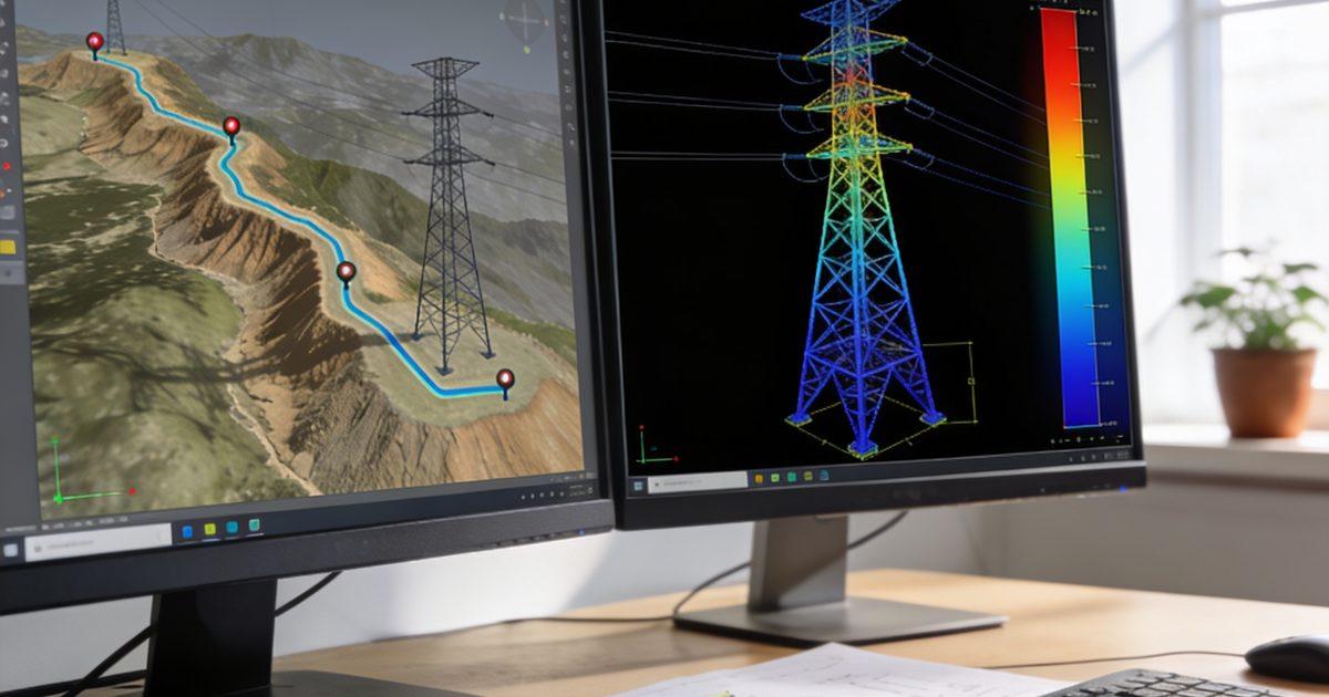 Estación de trabajo de ingeniero con modelos PLS-CADD y SAP2000 integrados para diseño de líneas de transmisión
