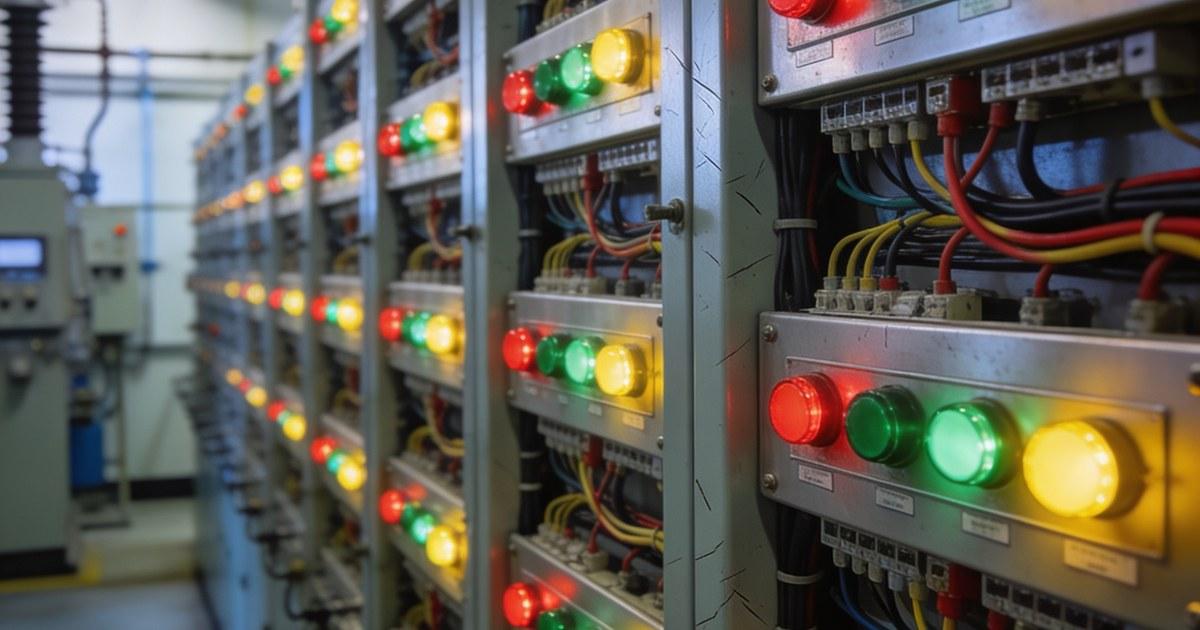 Paneles de relés de protección en sala de control de subestación eléctrica