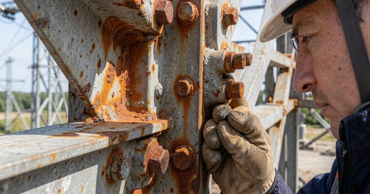 Inspector revisando corrosión en estructura metálica de torre de transmisión