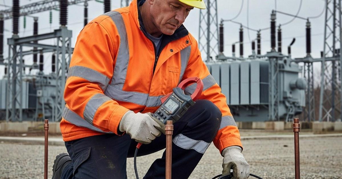 Ingeniero midiendo resistencia de malla de tierra en subestación eléctrica