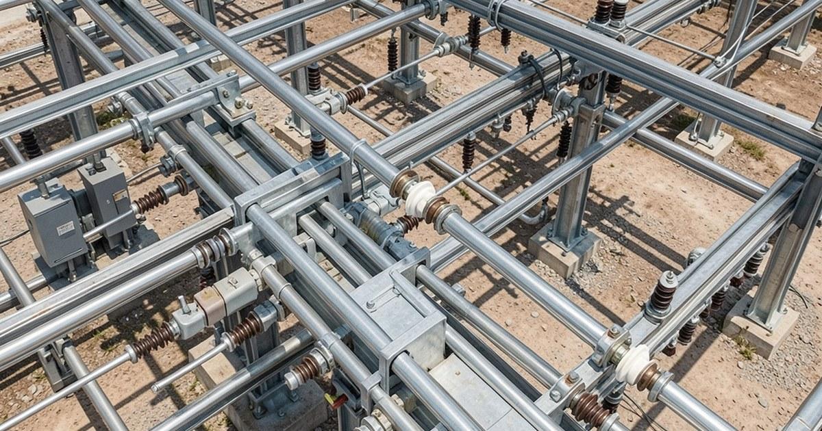 Sistema de barras colectoras de aluminio en patio de subestación de alta tensión
