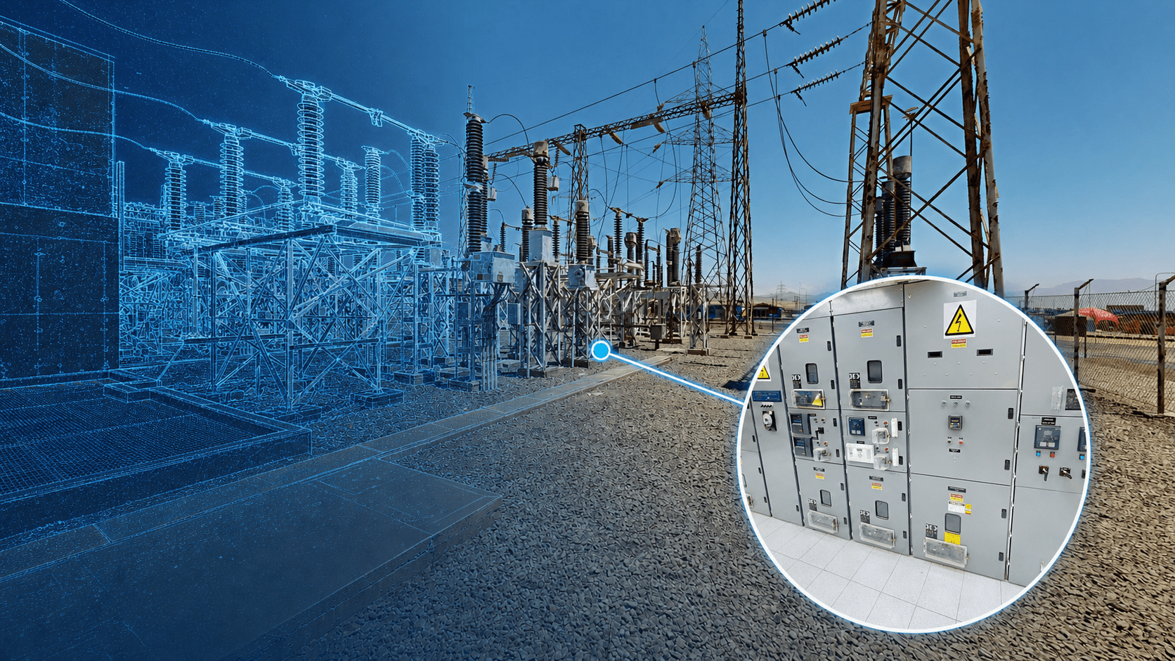 Auditoría técnica de subestación eléctrica con recorrido 3D y detalle de sala eléctrica